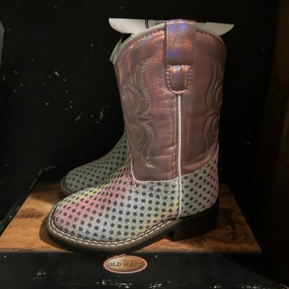 Old West Toddler‎ Girls Square Toe Pink Multi Faux Leather Cowboy Boots Sz 6